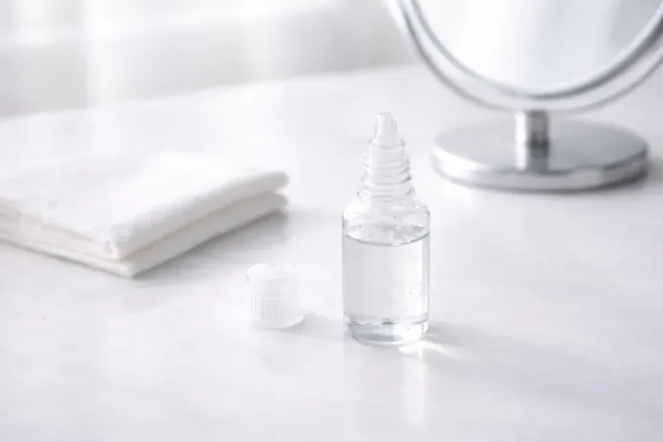Preservative-free eye drop bottle and clean eye-care accessories.
