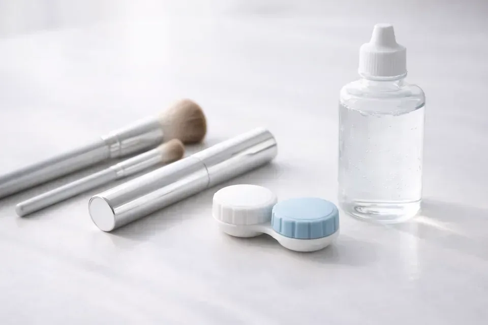 Contact lens case and makeup items arranged neatly on a clean surface.