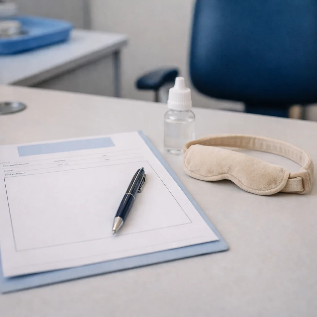 Consultation desk with referral sheet, pen, and eye-care items.