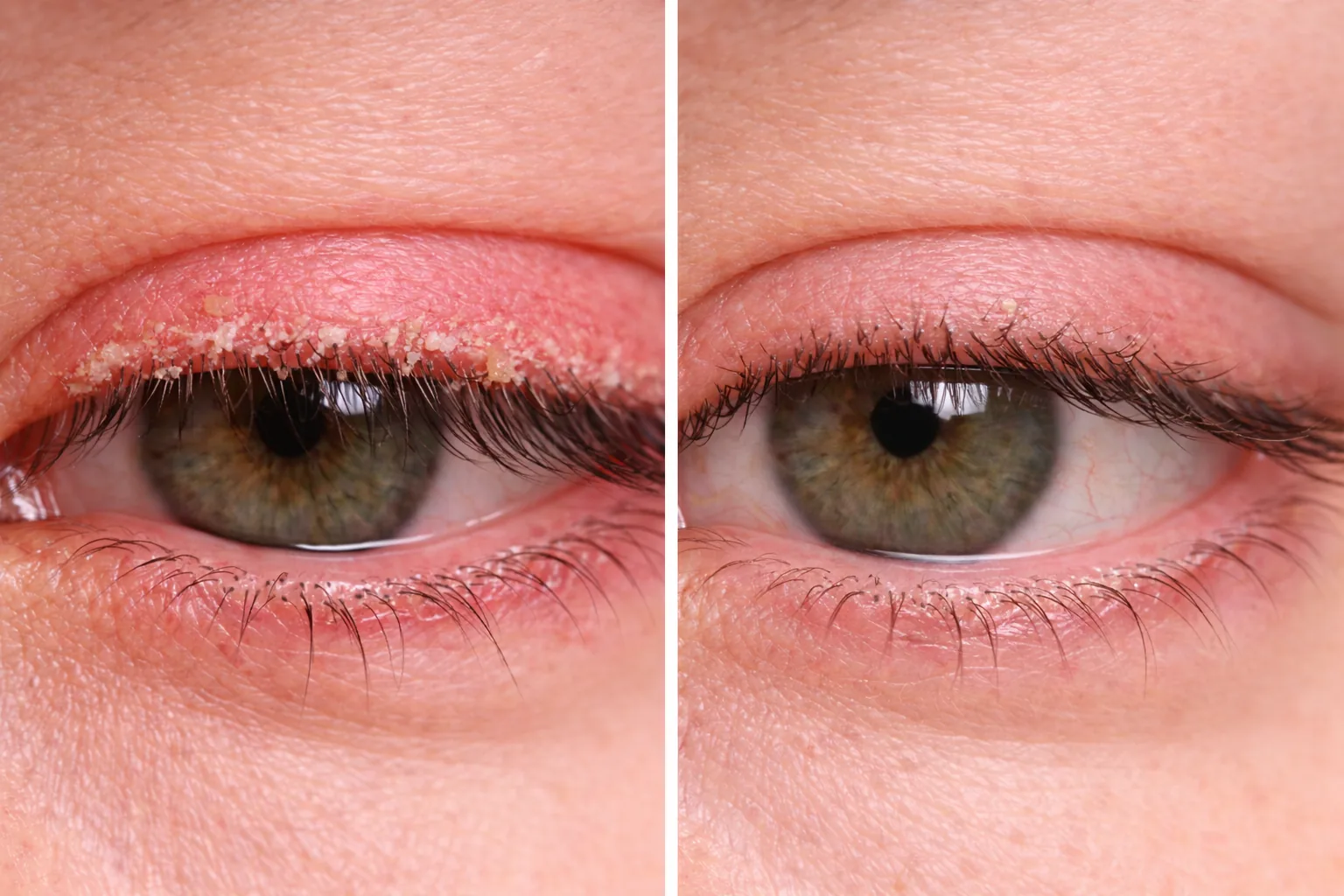 Split image showing lid margin crusting versus a dry eye tear film.