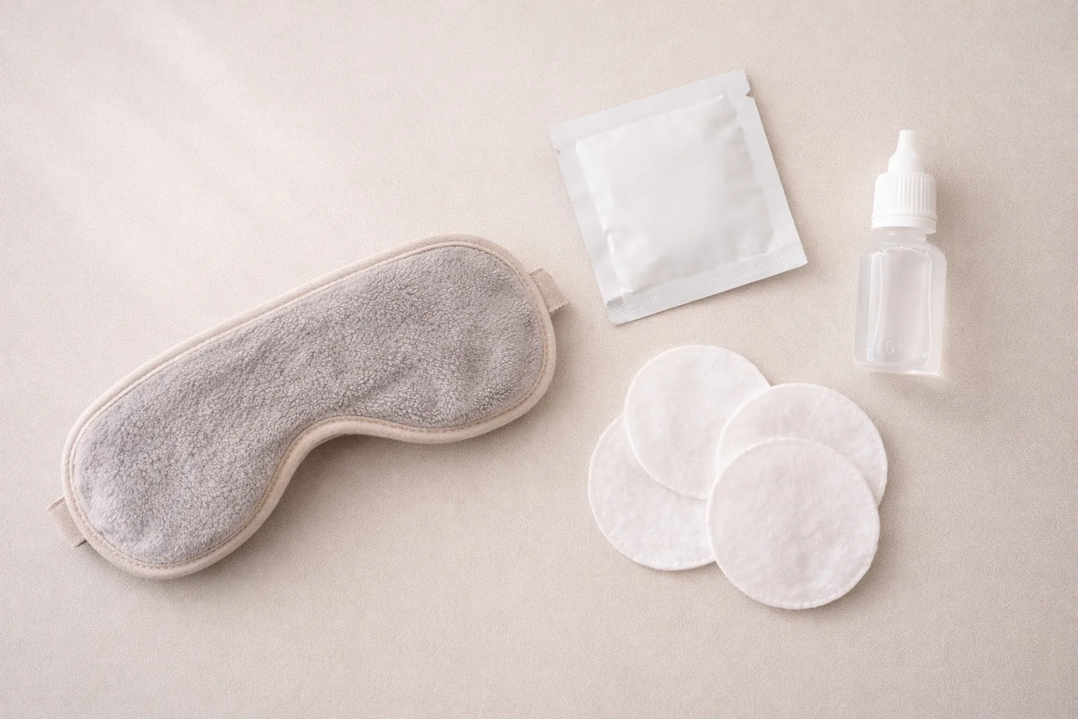 Daily eye-care items arranged neatly on a neutral surface.