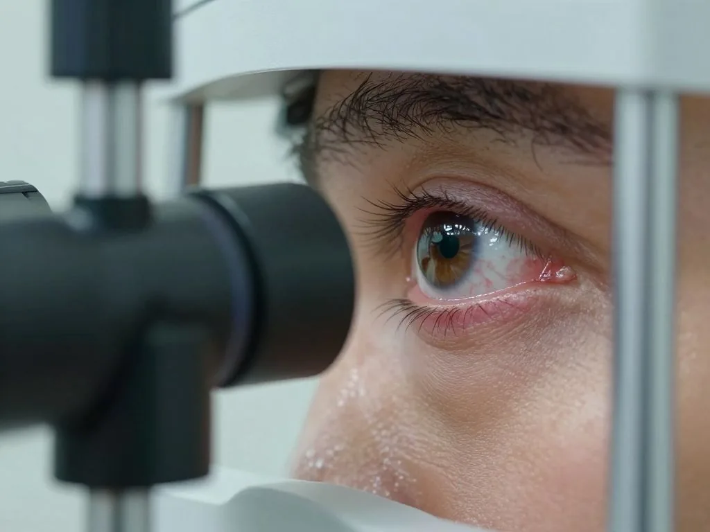 Slit-lamp exam focusing on the eyelid margin and lashes.
