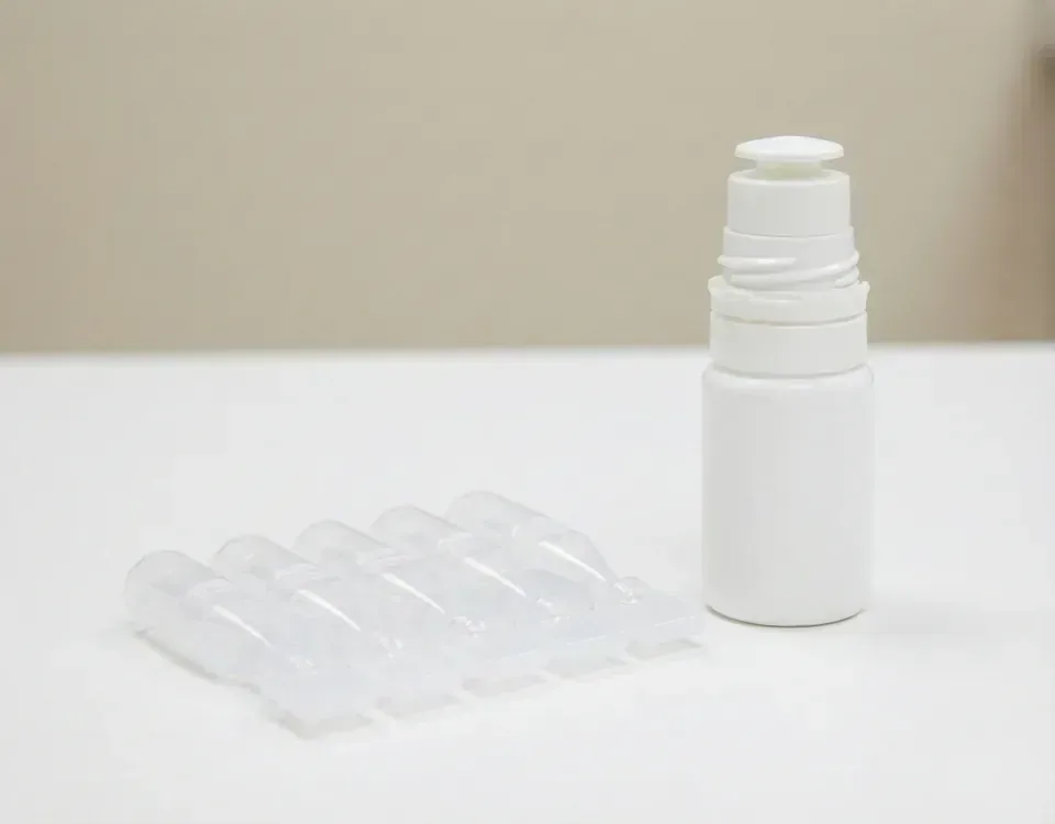 Single-dose preservative-free vials beside a multi-dose bottle with a sterile filter cap.
