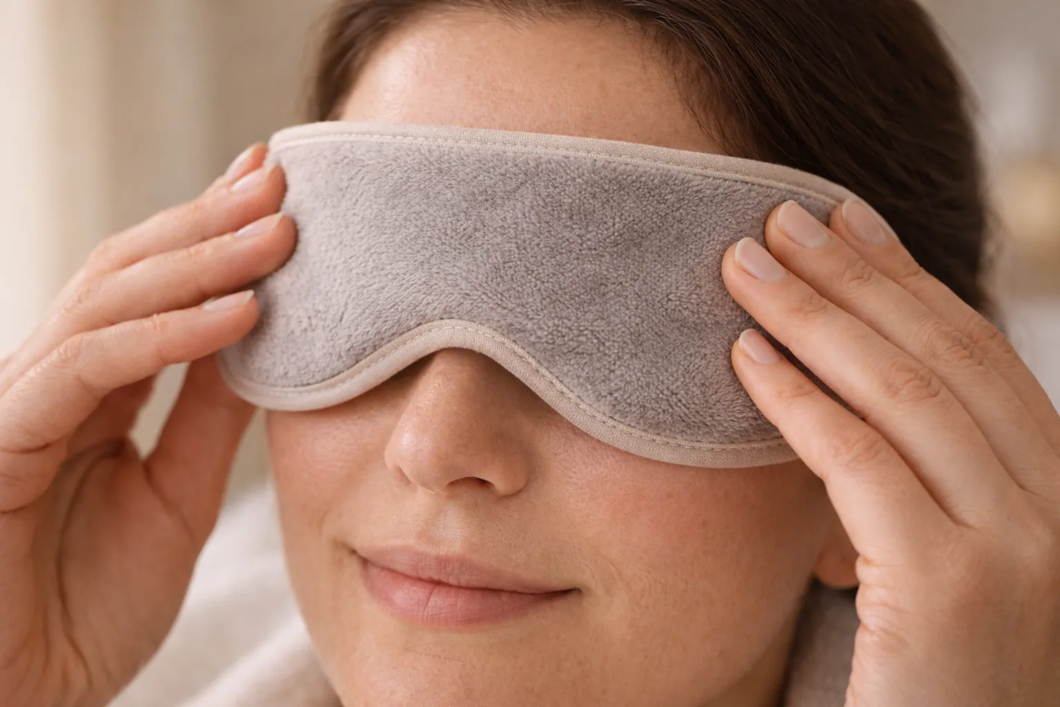Warm eye mask held over closed eyes in a calm setting.