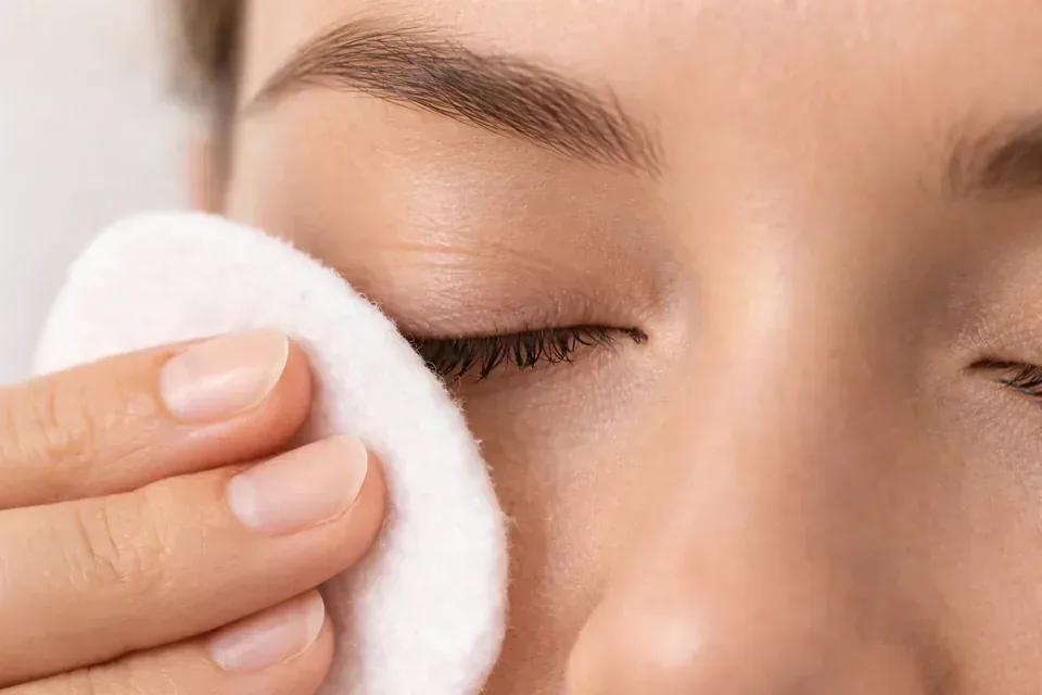 Close-up of a lid wipe cleaning the lash line on a closed eye.