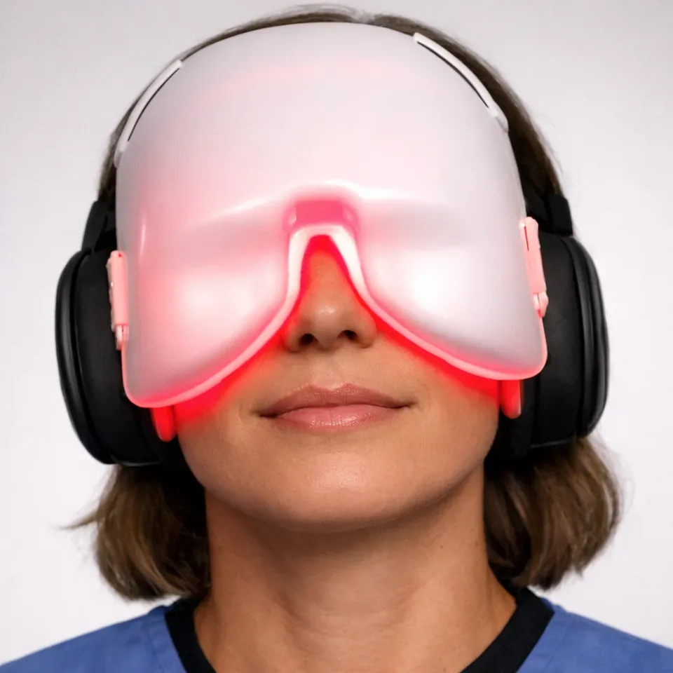 Low-level light therapy device positioned over closed eyes in a clinical setting.