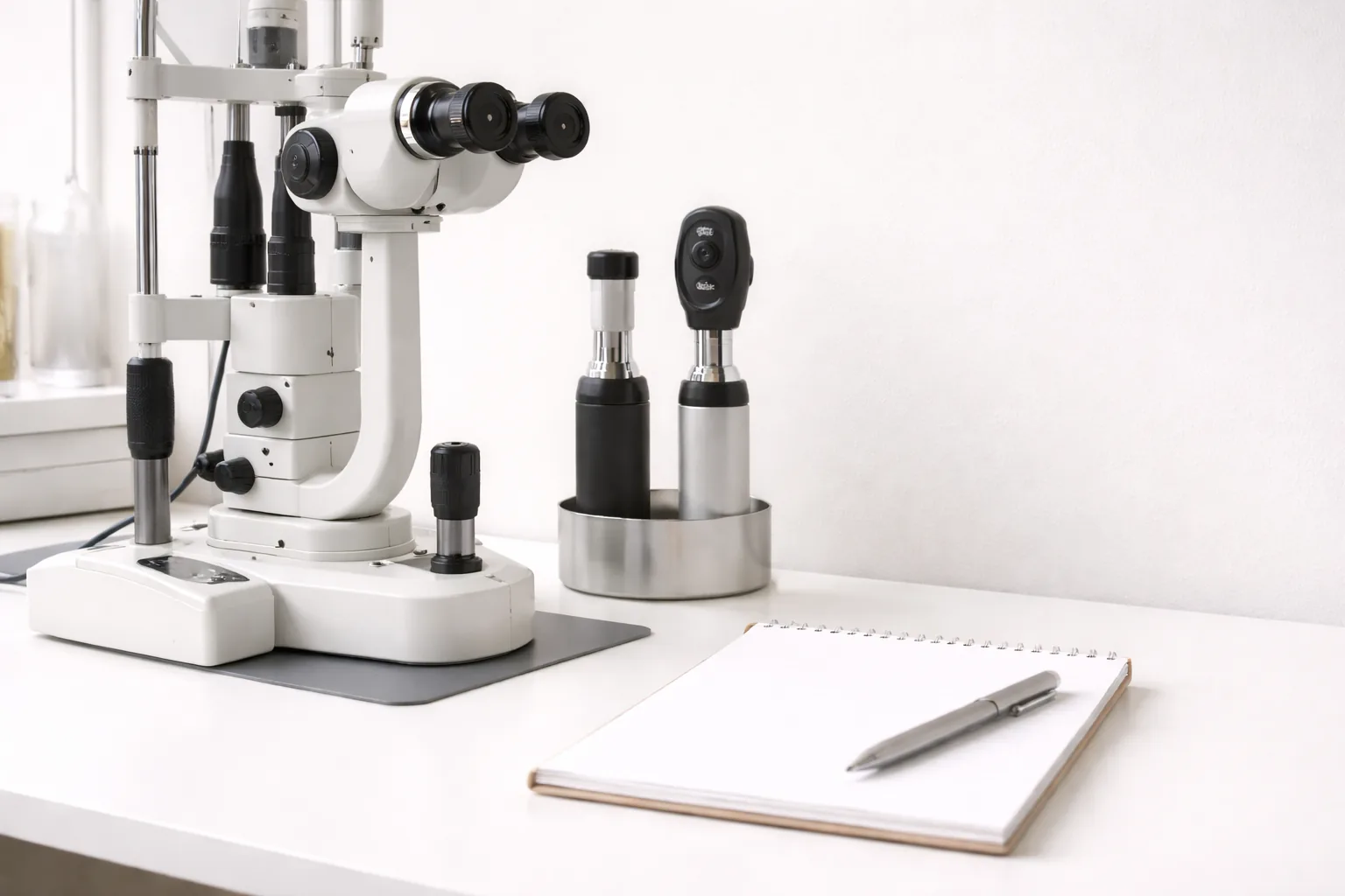 Ophthalmology clinic desk with slit-lamp and instruments in soft daylight.