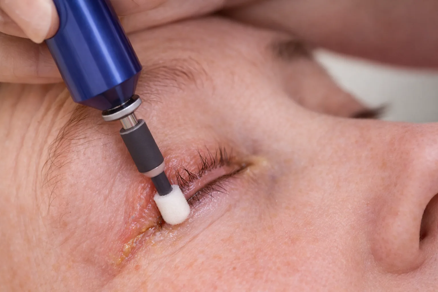 Clinician using a micro-sponge tool along a closed eyelid margin.